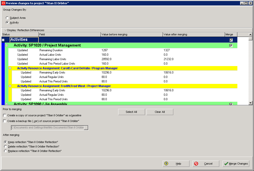 P6 Reflections Merge Selection Dialog
