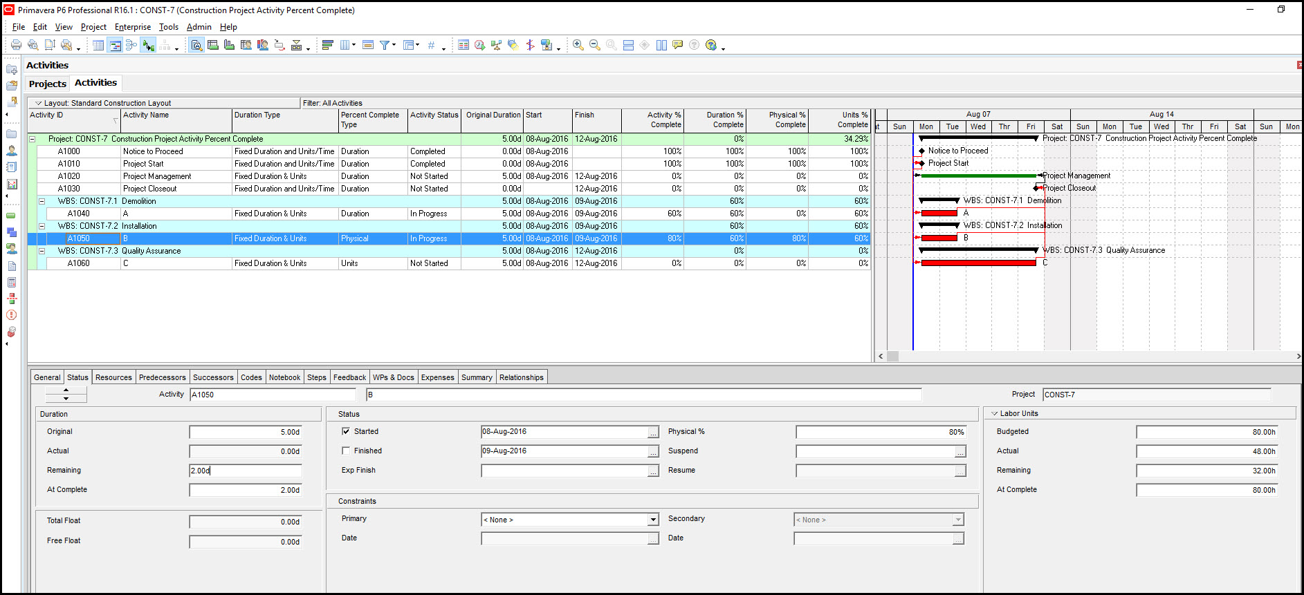 Primavera P6和Activity % Complete 5