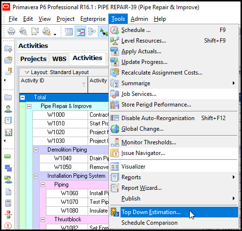 Primavera P6工具菜单下拉